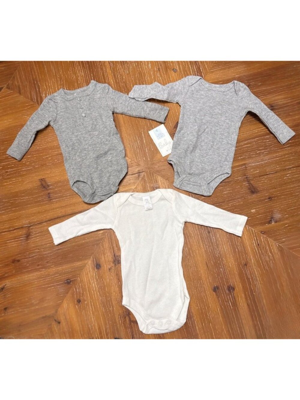 Baby Kiss 3-Pack Long-Sleeve Ribbed Bodysuits 0-3M 100% Cotton Neutral Gray & Wh